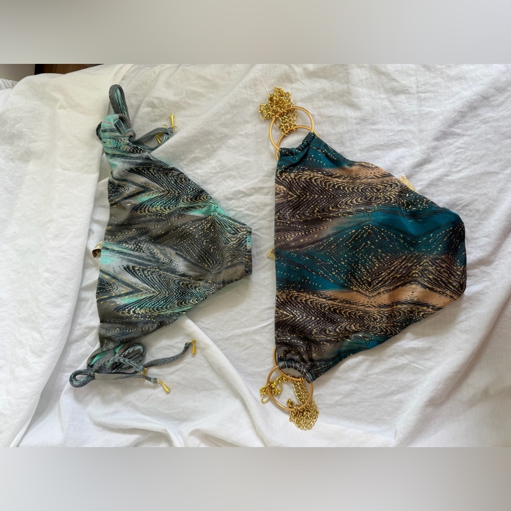 Bellissima Luxury Bikini Bottoms Teal & Bronze Feather Print Side Tie Size L NEW - Picture 16 of 16